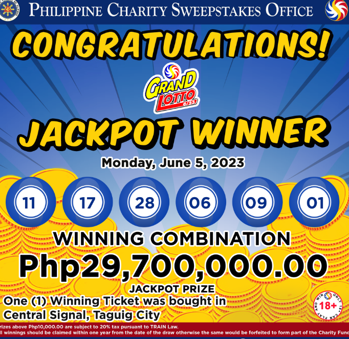 Grand Lotto 6/55 Monday,June 5,2023 winning Jackpot----29700000.00